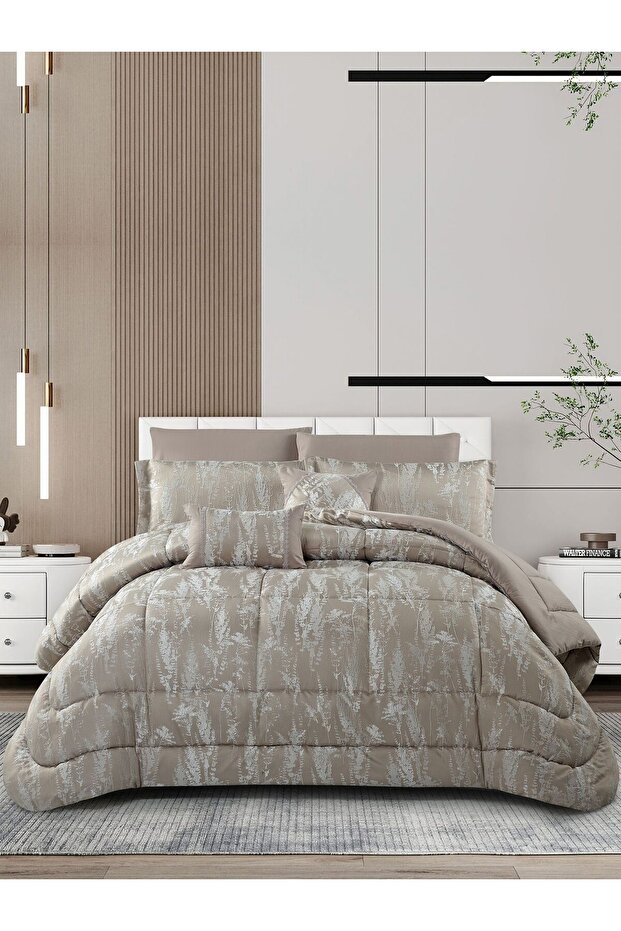 طقم مفرش سرير نفرين 8 قطع جاكار محاك من المايكروفايبر يناسب سرير 200×200 سم – تصميم ديزاينر بحشوة ثابتة