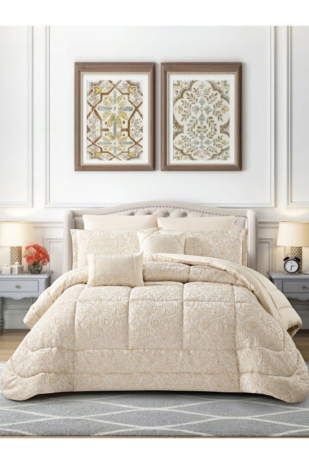 طقم مفرش سرير نفرين 5 قطع جاكار محاك من المايكروفايبر يناسب سرير 140×200 سم – تصميم ديزاينر بحشوة ثابتة