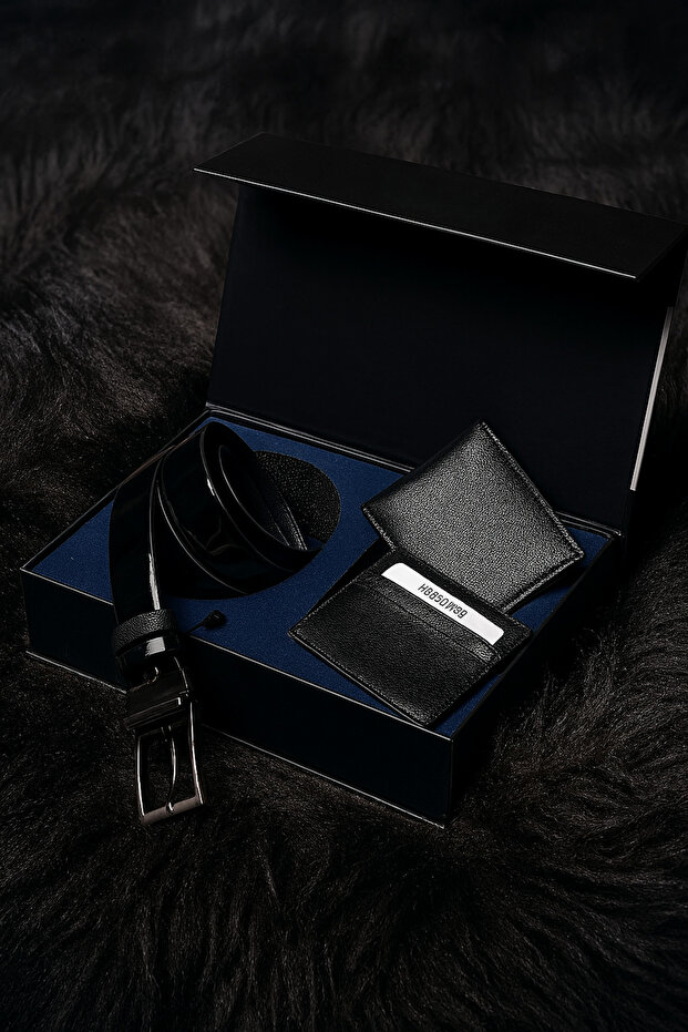 Men's Black Gift - Dowry Set of 3 Belt & Horizontal Wallet & Card Holder Set Ll.Gc525.001