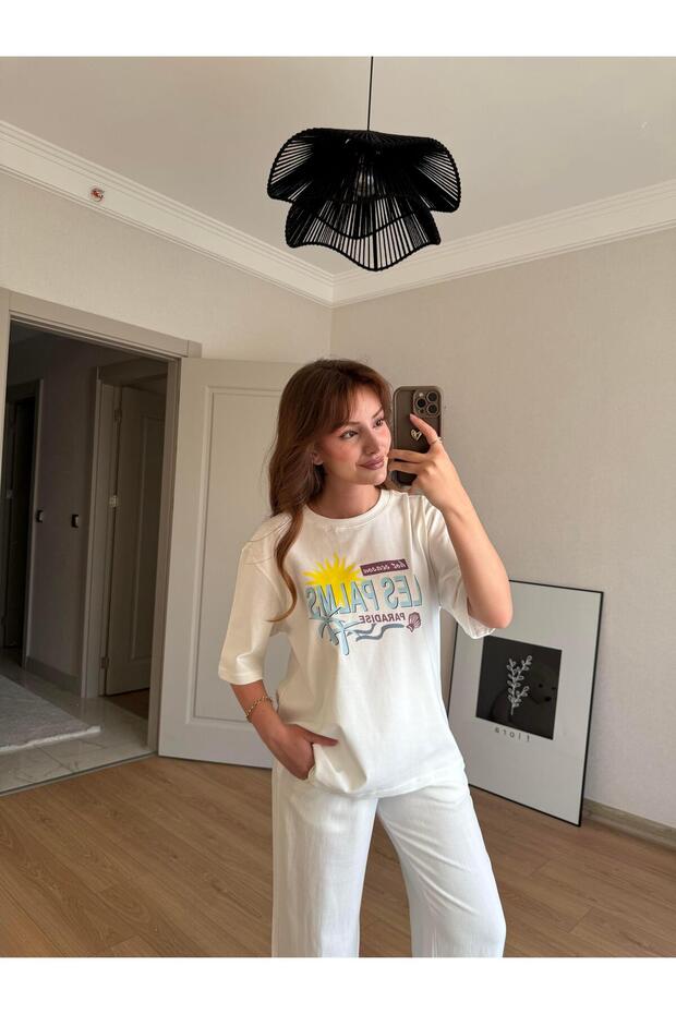 BEYAZ LES PALMS BASKILI TİŞÖRT - 1