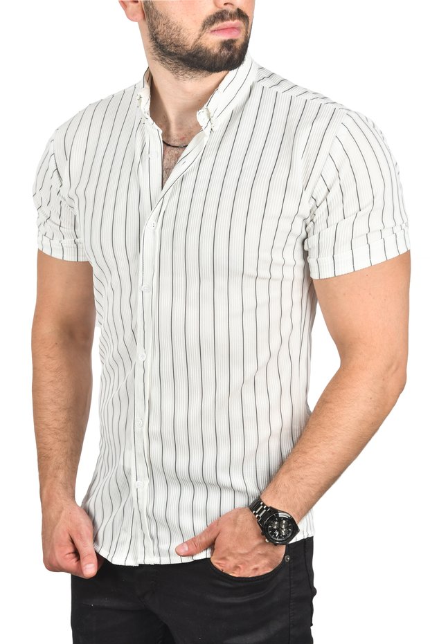 Men's White-Black Slim Fit Lycra Sports Shirt Slim Fit Striped Short Sleeve Shirt 2501218