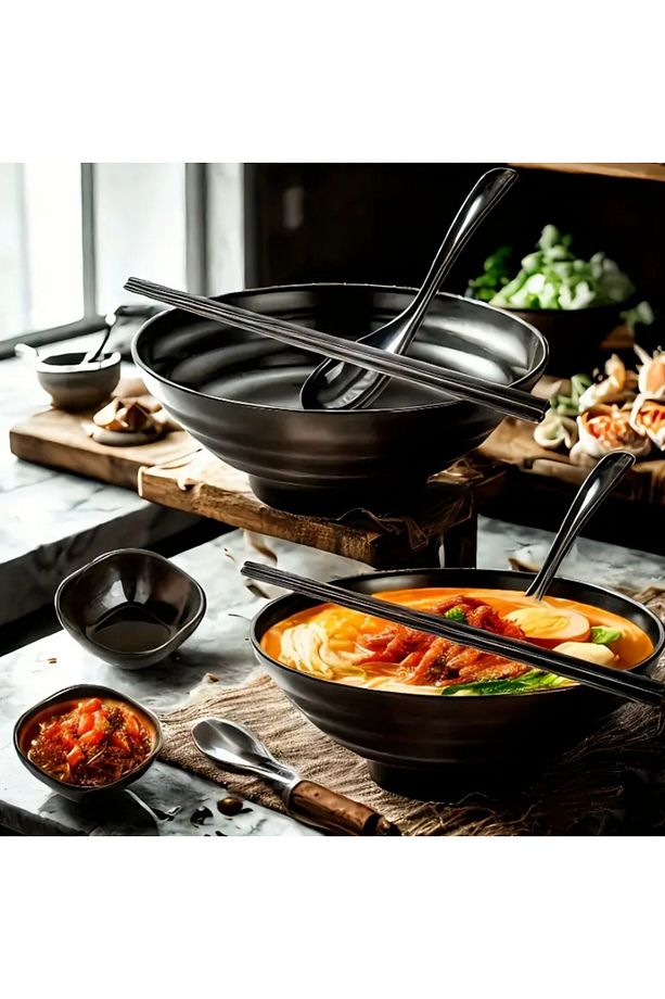 Plastik 1 Set 1 Tabak 1 Kaşık 1 Chopstick 1 Sos Kabı Ramen Udon Noodle Kasesi Chopstickli 4 Parçalı - 4