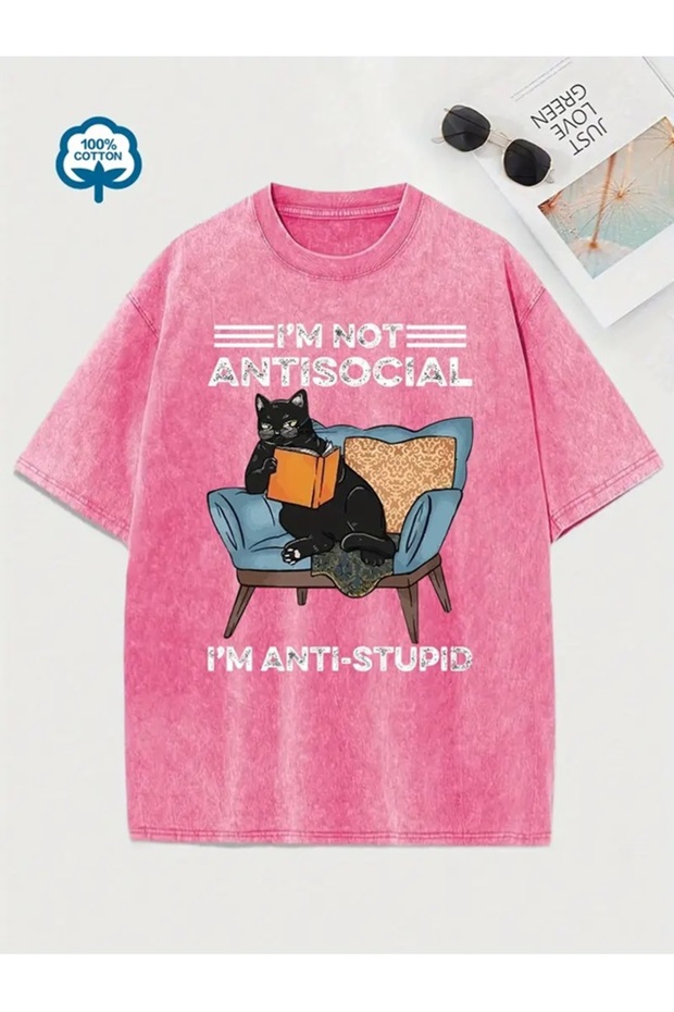 I'M Not Antisocial Printed Washable Vintage Unisex Oversize T-Shirt