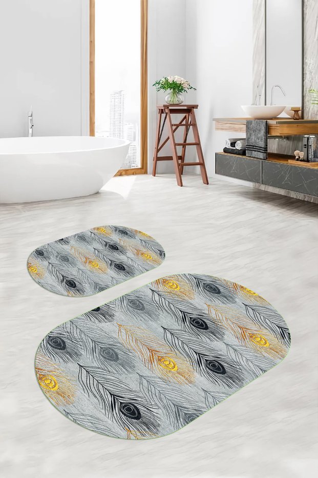 Digital Non-Slip Base Washable Floral Oval Bath Mat Set of 2 Toilet Seat Covers