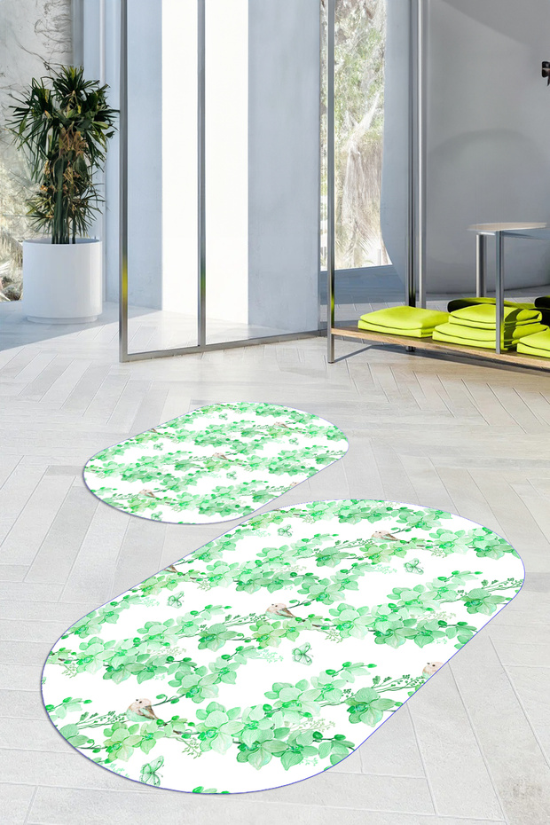 Printed Non-Slip Base Washable Flower Pattern Oval Bath Mat Set of 2 Toilet Seat Covers