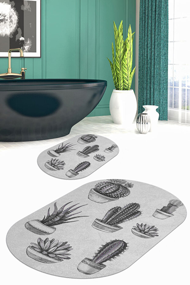Printed Non-Slip Base Washable Cactus Pattern Oval Bath Mat Set of 2 Toilet Seat Covers