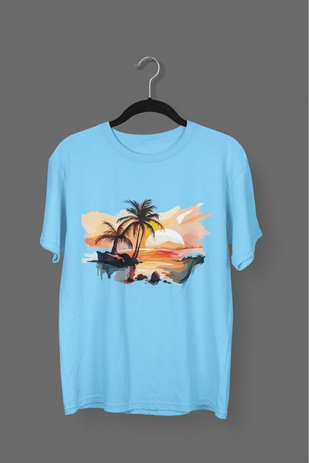 Girl/Women Palm Sea Transfer Printed Round Neck Short Sleeve T-Shirt