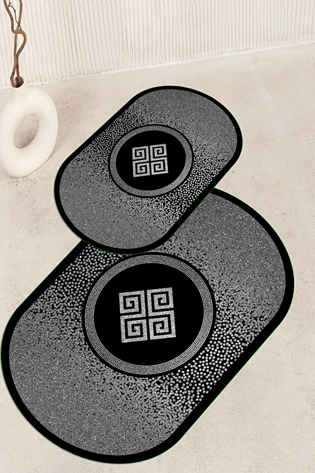 Digital Printed Non-Slip Base Washable Oval Bath Mat Set of 2 Toilet Seat Covers