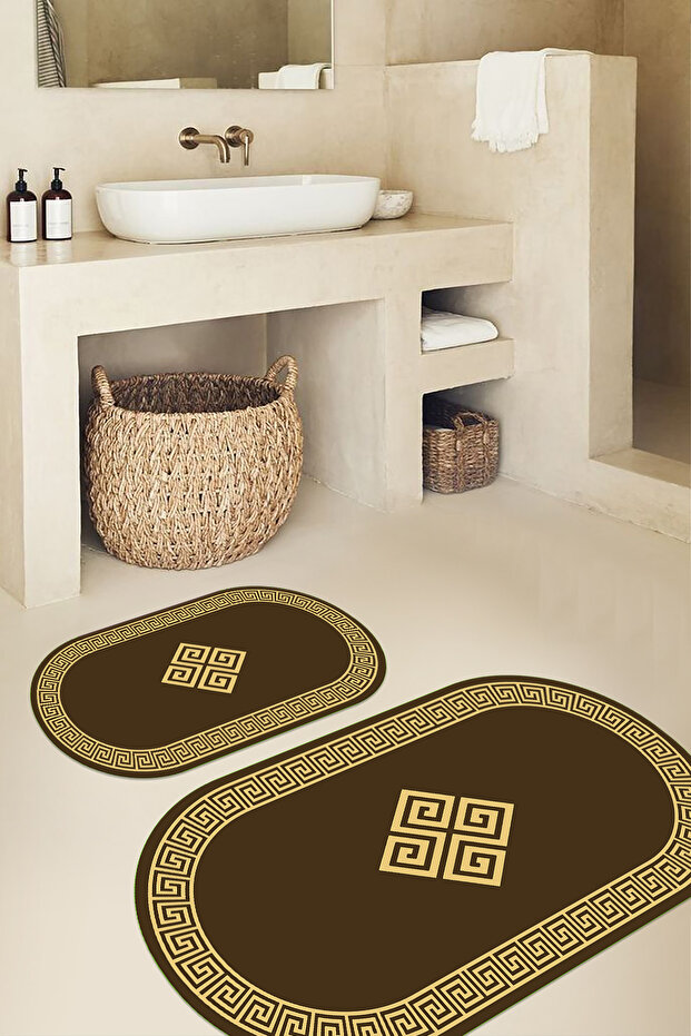 Printed Non-Slip Base Washable Framed Oval Bath Mat Set of 2 Toilet Mats