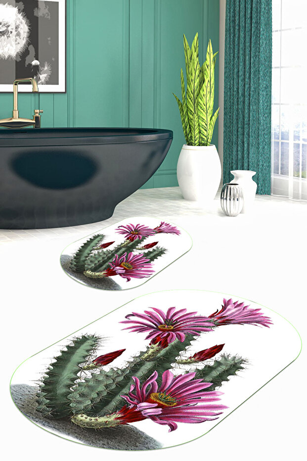 Printed Non-Slip Base Washable Cactus Pattern Oval Bath Mat Set of 2 Toilet Seat Covers
