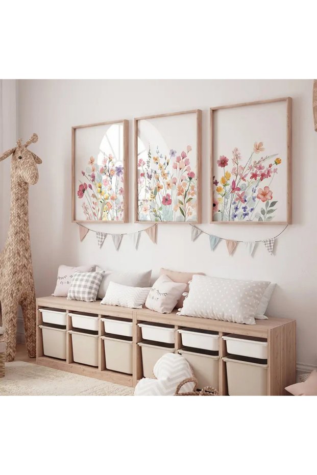 Natural Wooden Framed Uv Printing 3-Piece Colorful Flower Pattern Painting Set – Modern & Stylish Wall Decor
