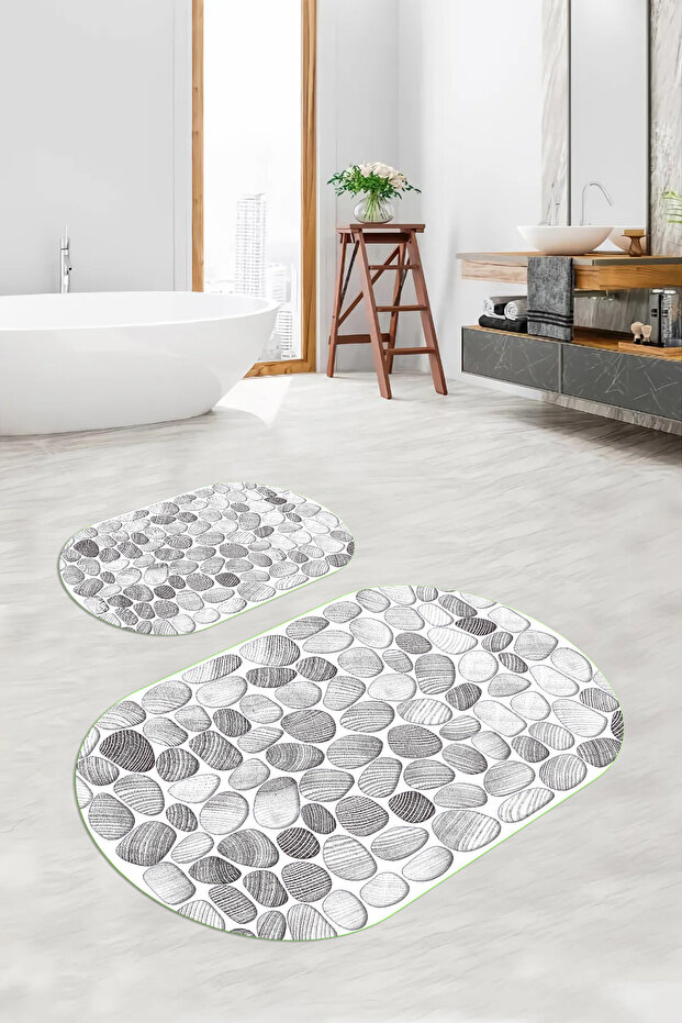 Digital Printed 3D Non-Slip Base Washable Oval Bath Mat Set of 2 Toilet Seats