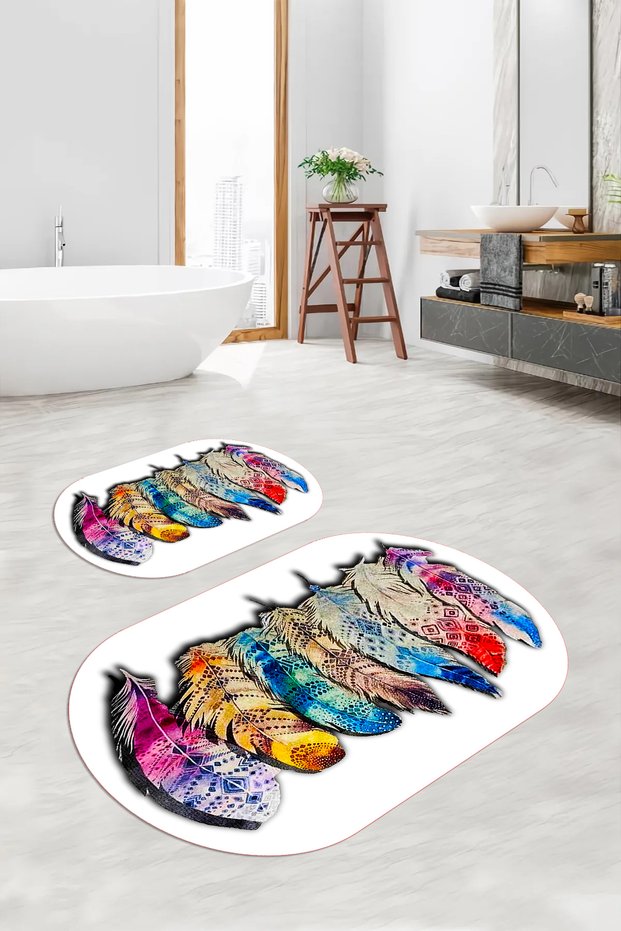 Digital Non-Slip Base Washable Floral Oval Bath Mat Set of 2 Toilet Seat Covers