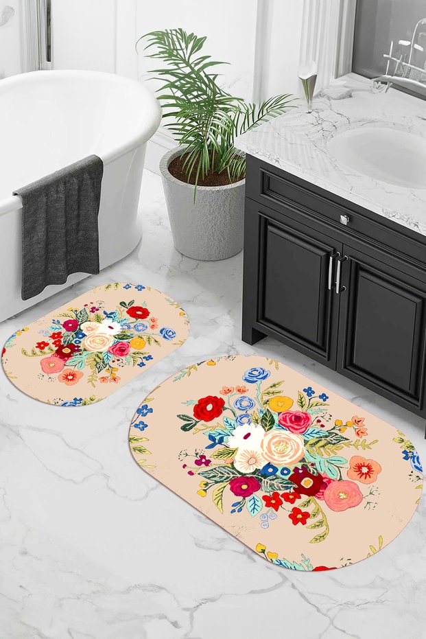 Digital Non-Slip Base Washable Flower Pattern Oval Bath Mat Set of 2 Toilet Seat Covers