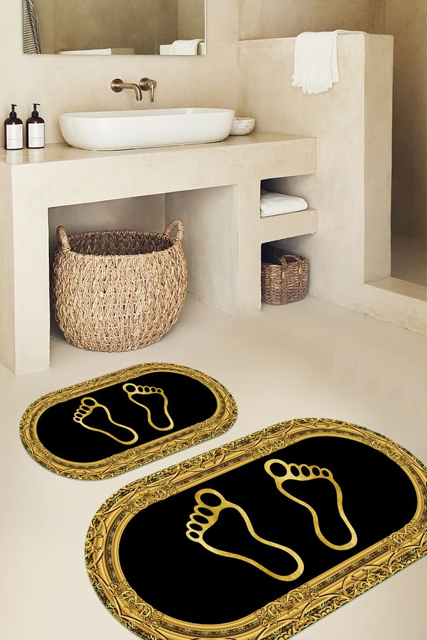 Digital Non-Slip Base Washable Footprint Pattern Oval Bathroom Mat Set of 2 Toilet Mats