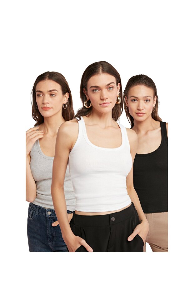 Kadın Fitilli Pamuklu Kalın Askılı Basic Atlet 3'Paket - 1