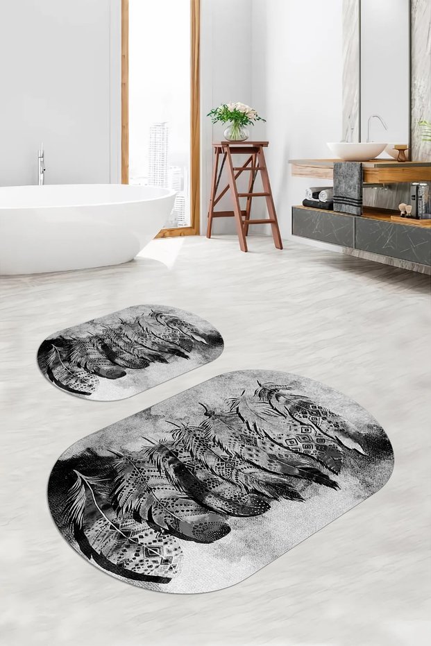 Digital Non-Slip Base Washable Floral Oval Bath Mat Set of 2 Toilet Seat Covers