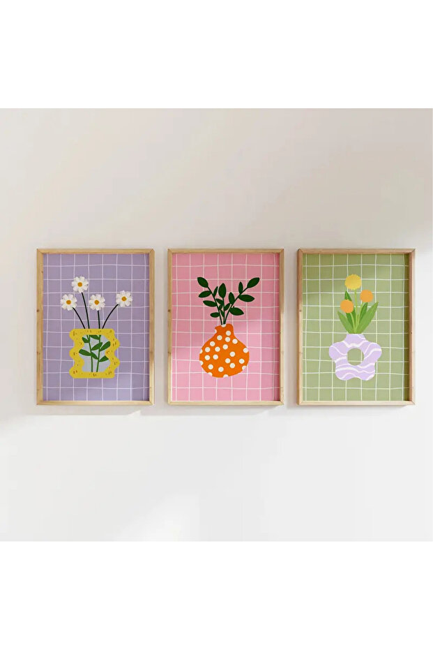 Natural Wood Framed Uv Printing Set of 3 Minimalist Flower Pattern Paintings – Modern & Stylish Wall Decor