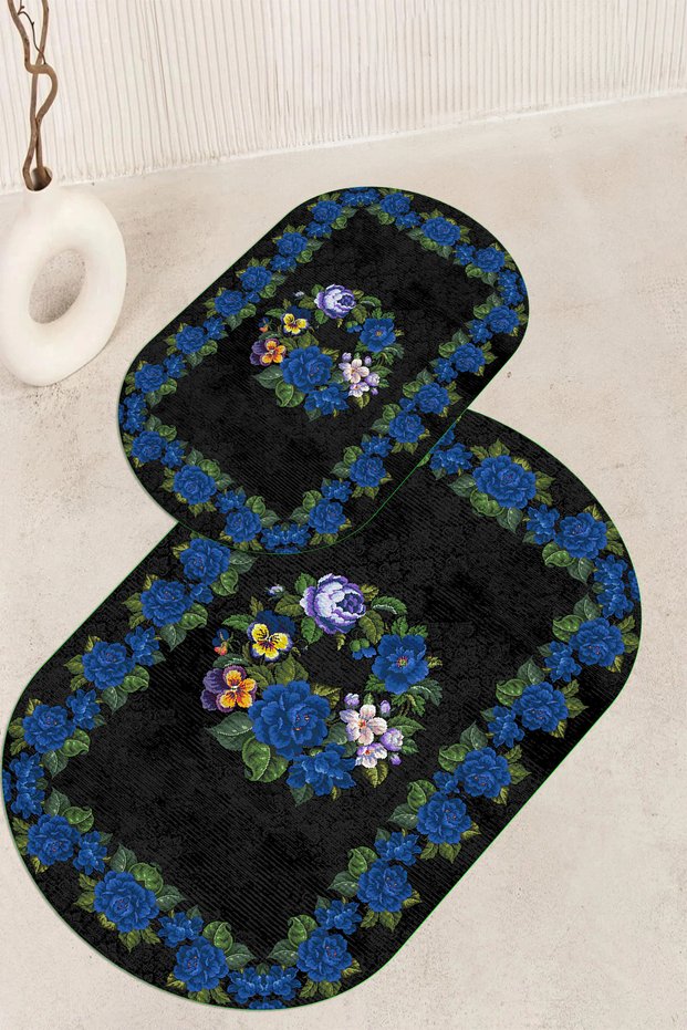 Digital Printed Non-Slip Base Washable Oval Bath Mat Set of 2 Toilet Seat Covers