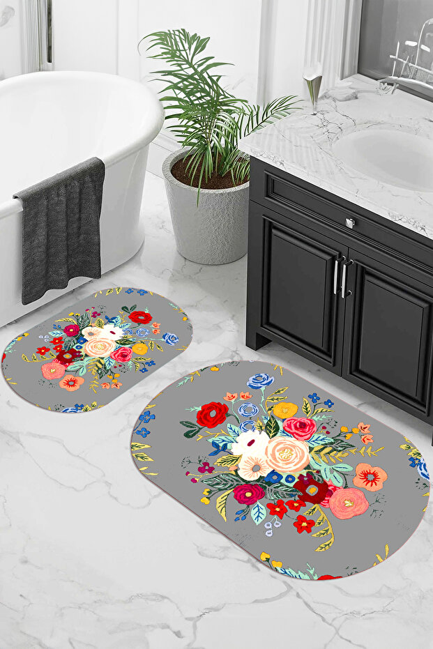 Digital Non-Slip Base Washable Flower Pattern Oval Bath Mat Set of 2 Toilet Seat Covers
