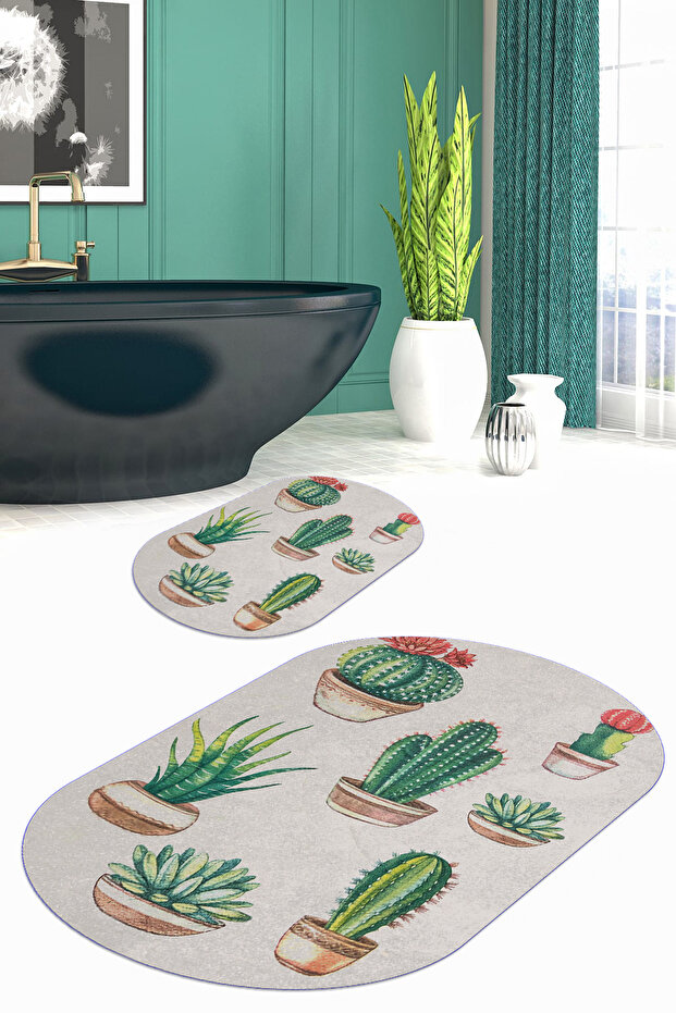 Printed Non-Slip Base Washable Cactus Pattern Oval Bath Mat Set of 2 Toilet Seat Covers