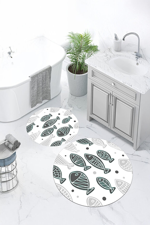 Printed Non-Slip Base Washable Fish Pattern Round Bath Mat Set of 2 Toilet Seat Covers