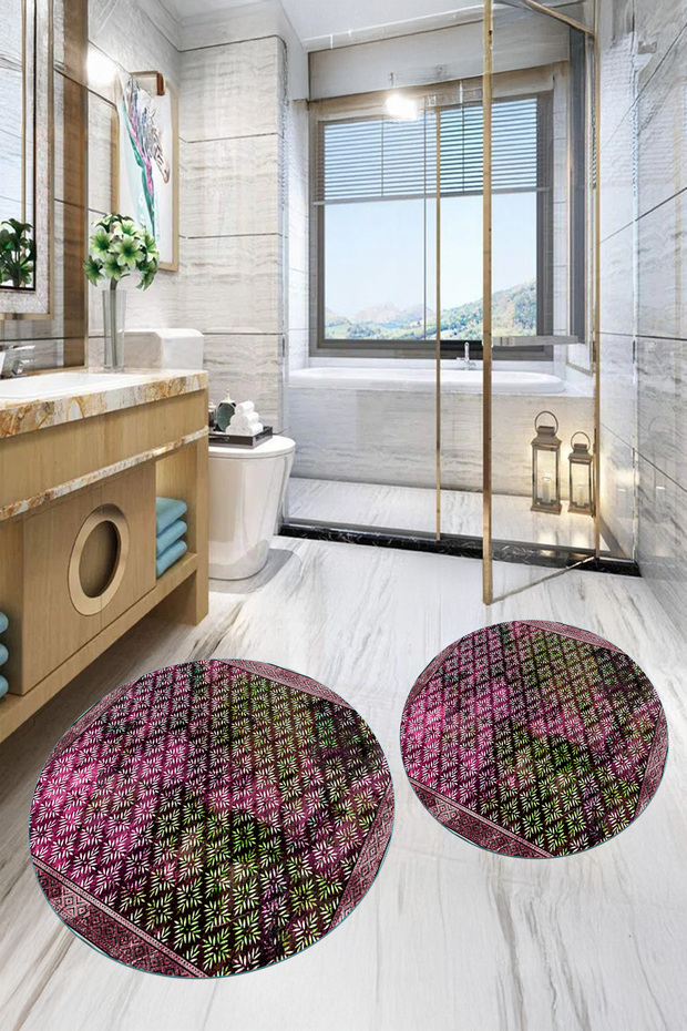 Digital Printed Base Washable Round Bath Mat Set of 2 Toilet Seat Covers