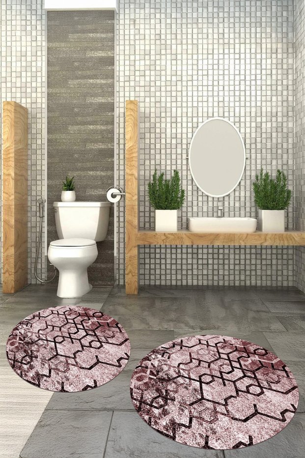 Printed Non-Slip Base Washable Round Bath Mat Set of 2 Toilet Seat Covers