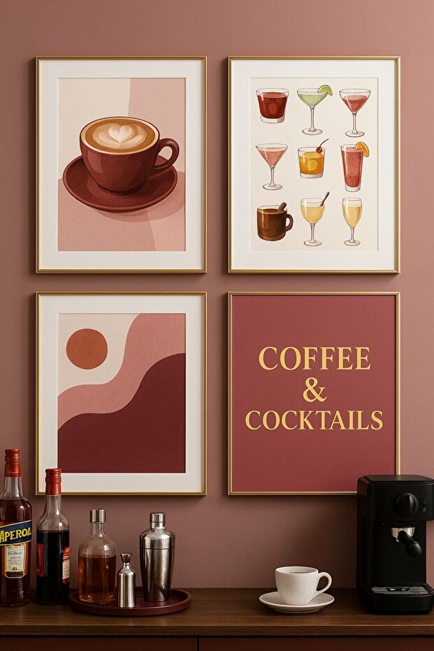 Natural Wood Framed Uv Printing Set of 4 Coffee Cocktails Table – Modern & Stylish Wall Decor