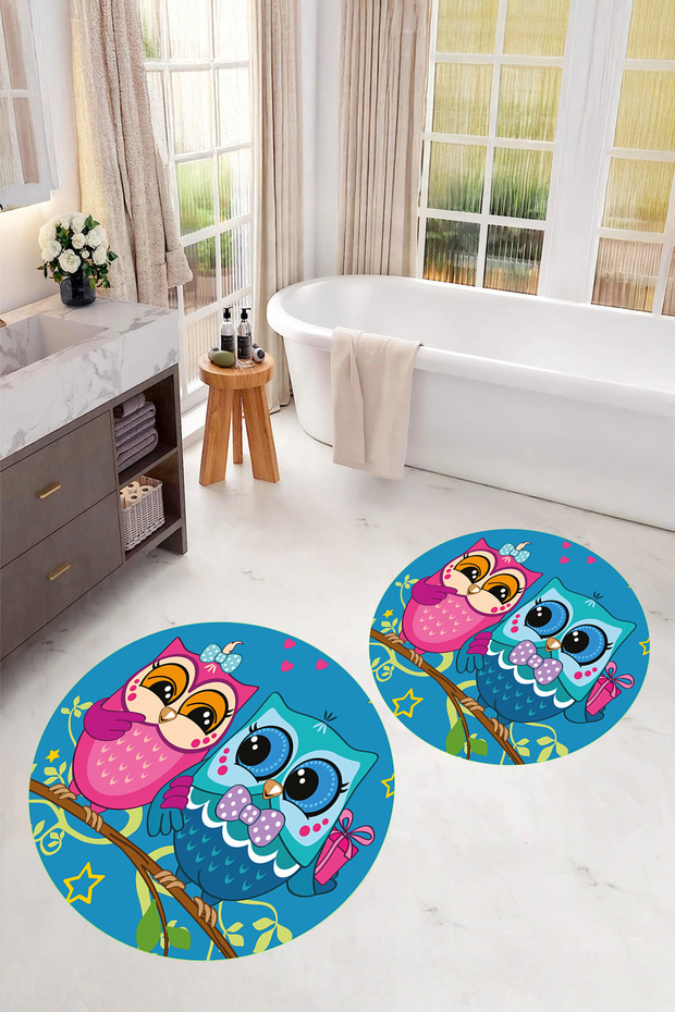 Printed Washable Owl Pattern Round Bath Mat Set of 2 Toilet Seat Covers