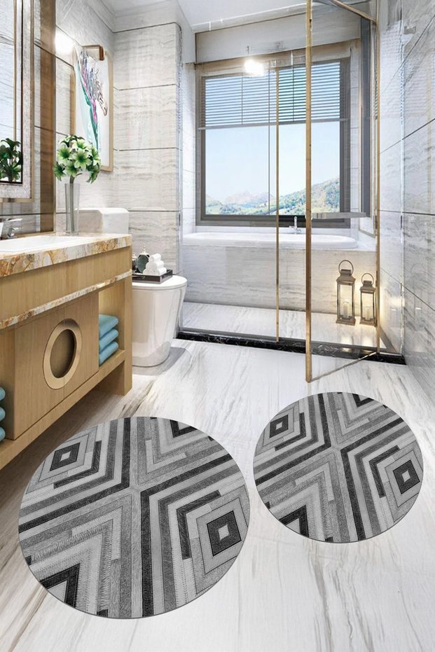 Printed Non-Slip Base Washable Round Bath Mat Set of 2 Toilet Seat Covers