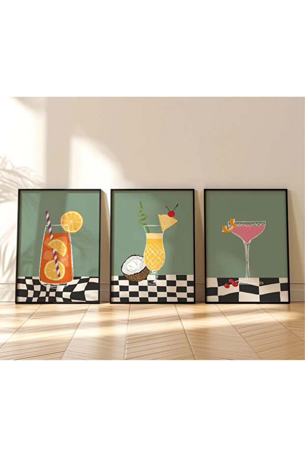 Uv Printing with Natural Wood Frame 3-Piece Cocktails Table Set Modern & Stylish Wall Decor for Kitchen Cafe