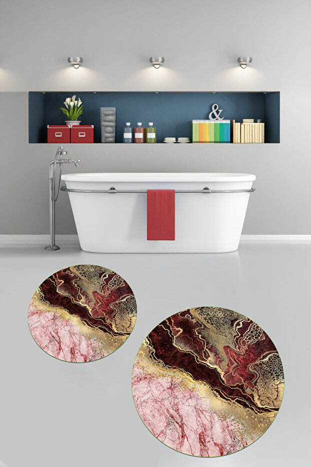 Non-Slip Base Washable Marble Pattern Round Bathroom Mat Set of 2 Toilet Mats
