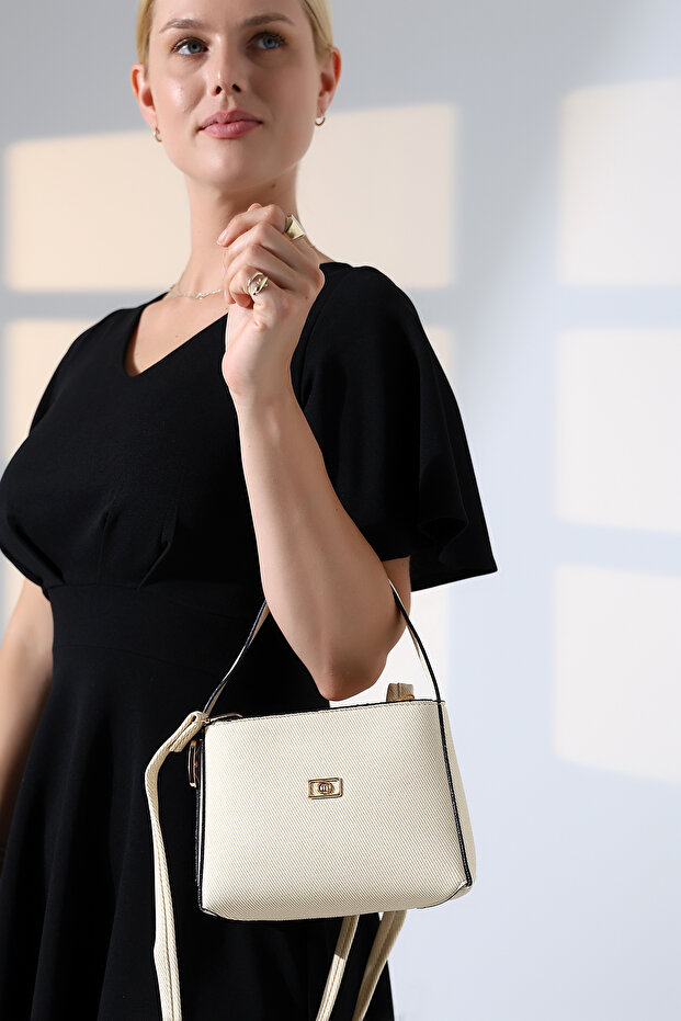 Cream Denim Textured Small Size Women's Bag Single Eyed Cross Strap Shoulder and Hand Bag
