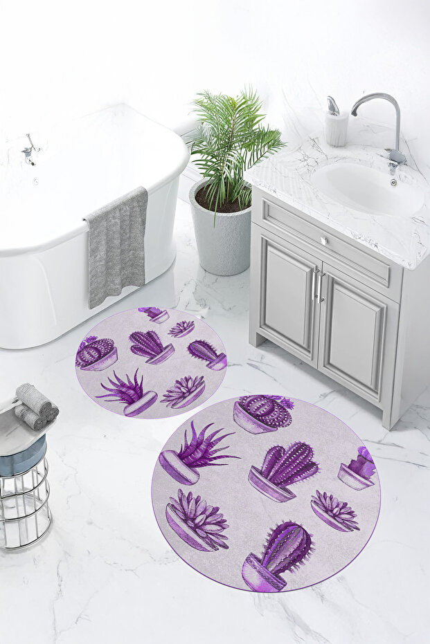 Printed Washable Cactus Pattern Round Bath Mat Set of 2 Toilet Seat Covers