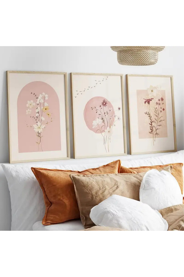 Natural Wood Framed Uv Printing Set of 3 Pink Flower Pattern Paintings – Modern & Stylish Wall Decor