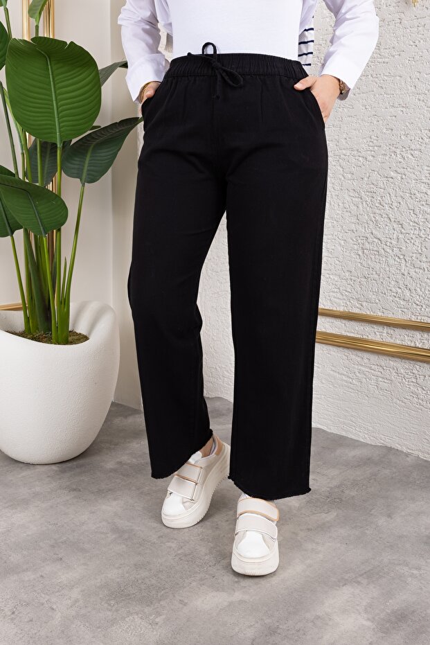 Elastic Waist Linen Trousers - Black / A0104