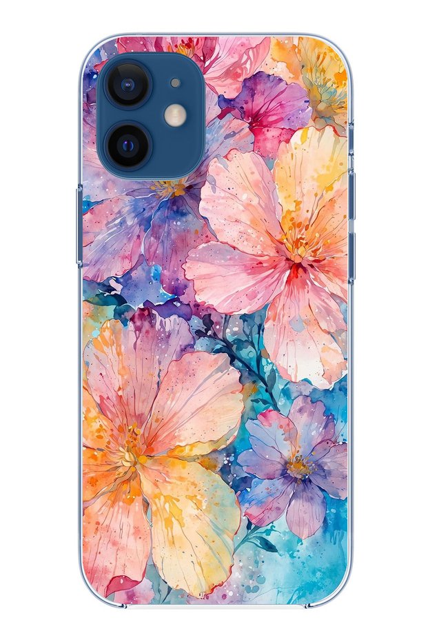 حافظة سيليكون شفافة متوافقة مع iPhone 12 Mini مزينة بالزهور الملونة
