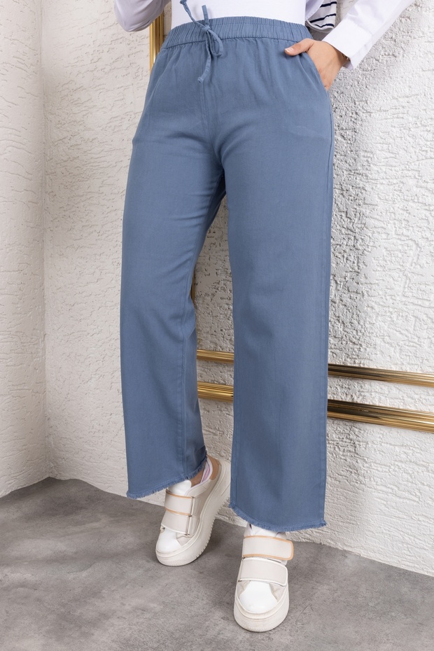 Elastic Waist Linen Trousers - Blue / A0104