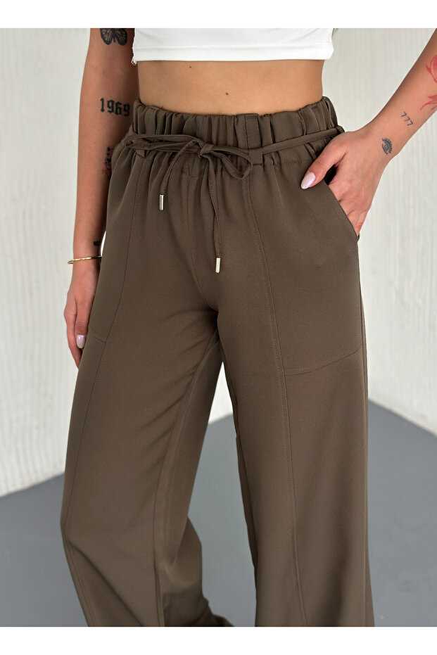 Comfortable Cut Dabil Fabric Pants with Lace-Up Parts