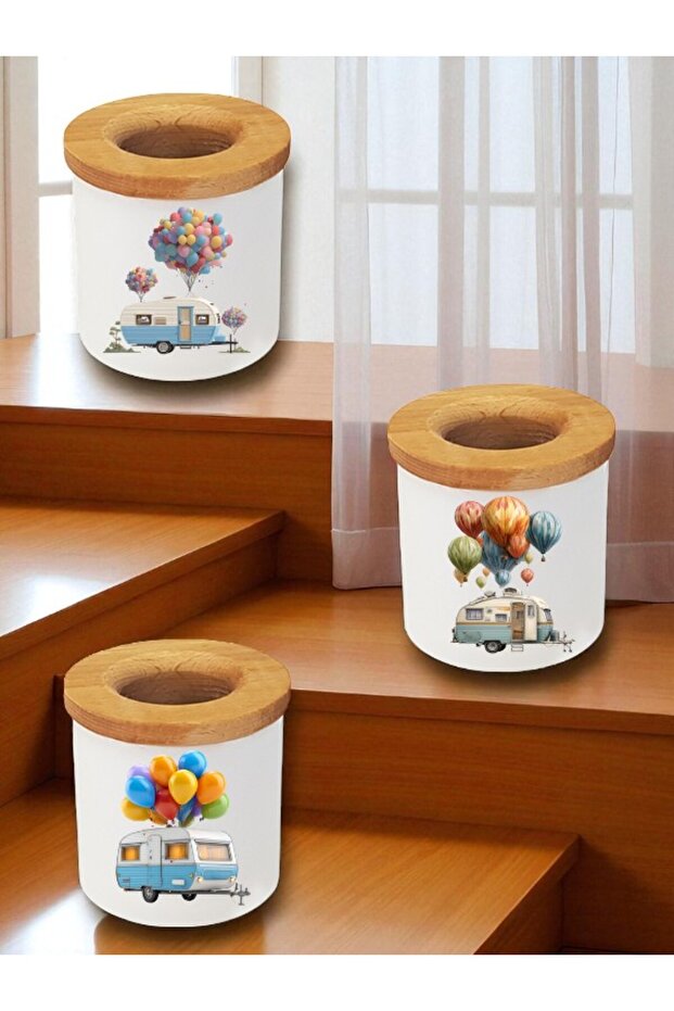 Balloon and Caravan Printed 3-Piece Desktop Pen Holder Pencil Case - Home Kitchen Office Workplace Utensil