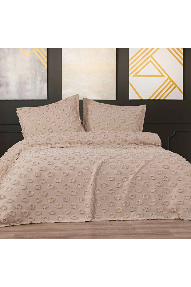 Premium Ponponlu Lüks Pike Seti - Yatak Örtüsü Çift Kişilik Bohem Circle - 1