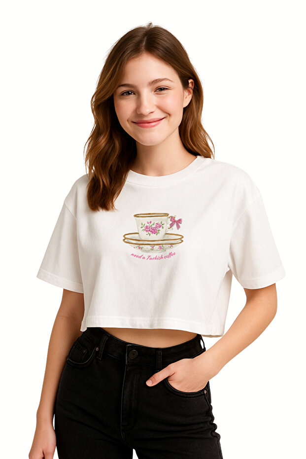 Women's Oversize Semi Crop T-Shirt - Pink Cup Printed "Need a Turkish Coffee" Coquette Design