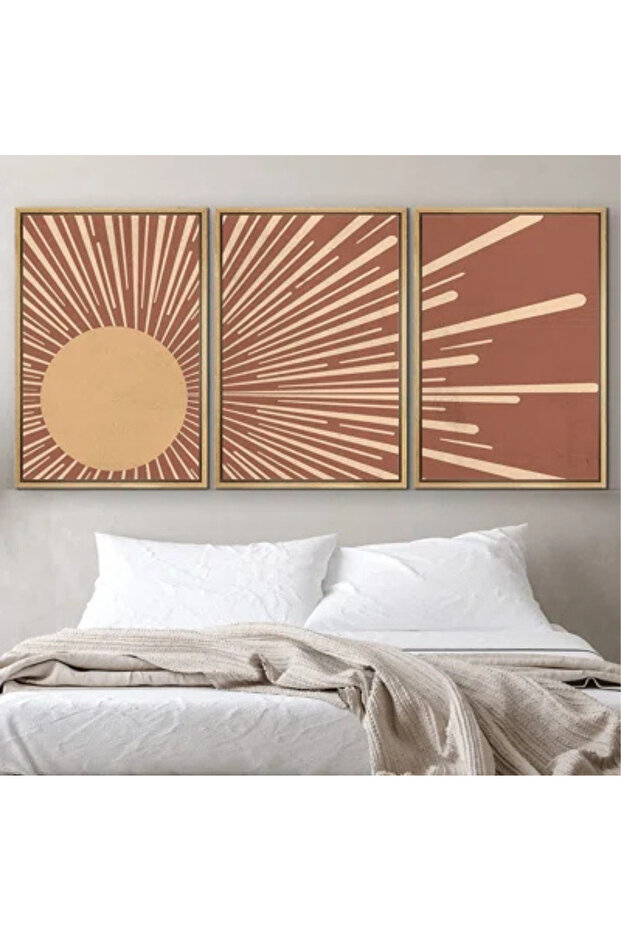 Natural Wood Framed Uv Print Set of 3 Abstract Sun Pattern Paintings – Modern & Stylish Wall Decor