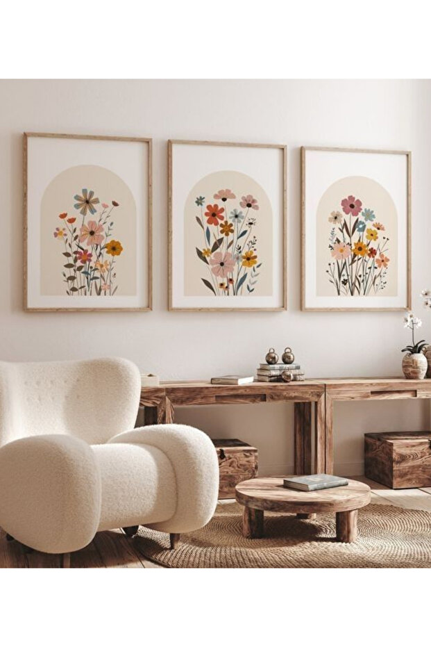 Natural Wooden Framed Uv Printing 3-Piece Wall Painting – Modern & Stylish Floral Wall Decor