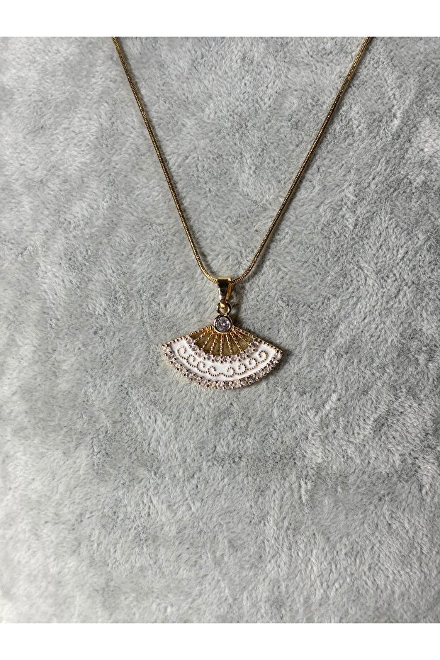 Steel Pendant Fan with Zircon Stone Gold White Background