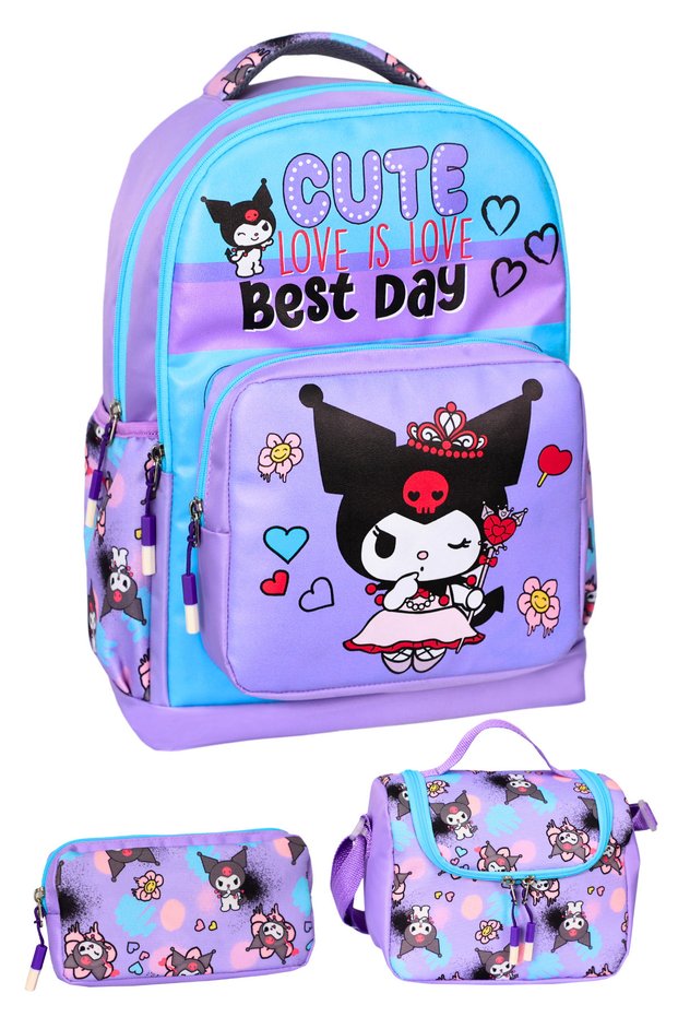 3-Piece Primary School Kuromi Printed Lilac, Girl's School Bag with Nutrition and Pen Holder