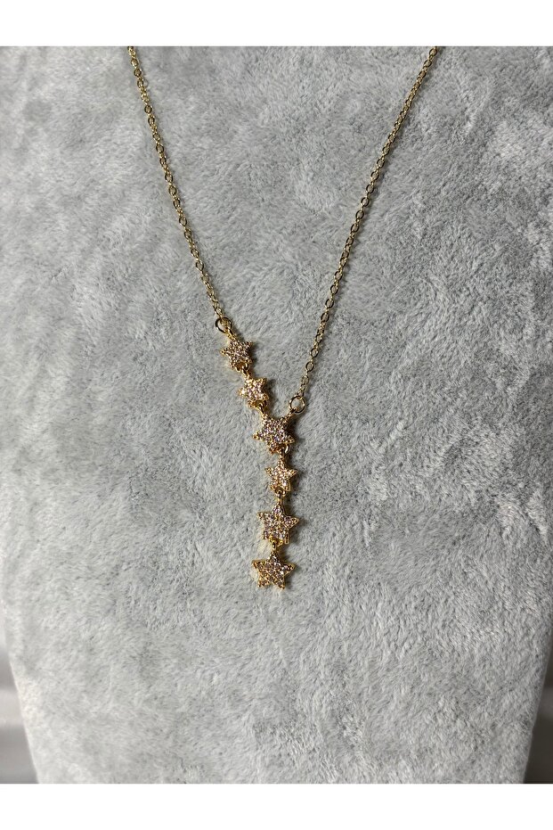 Star Model V Necklace with Zircon Stone Steel Gold