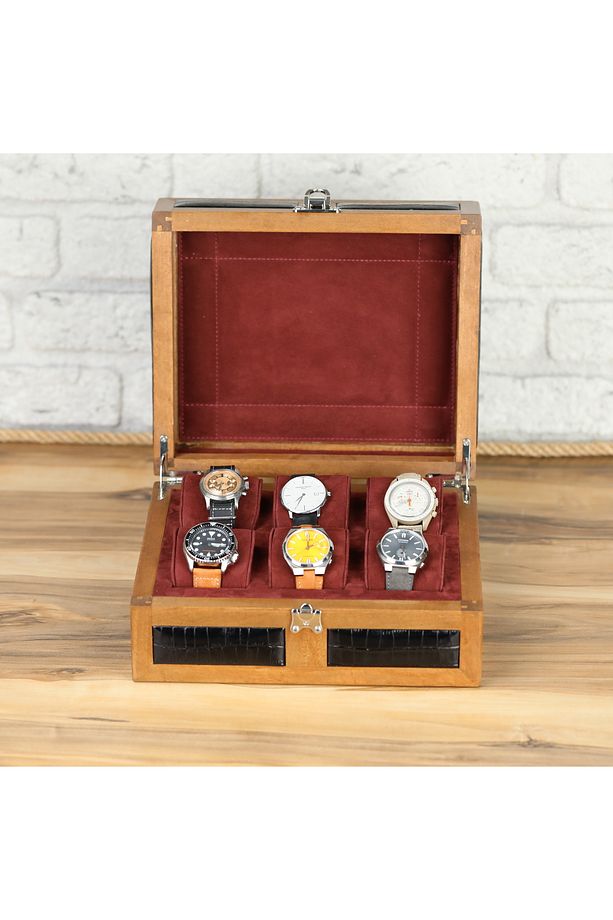 6'lı Ahşap Saat Kutusu Çoklu Saat Kutusu Saat Koleksiyon Kutusu Watch Box Case - 5