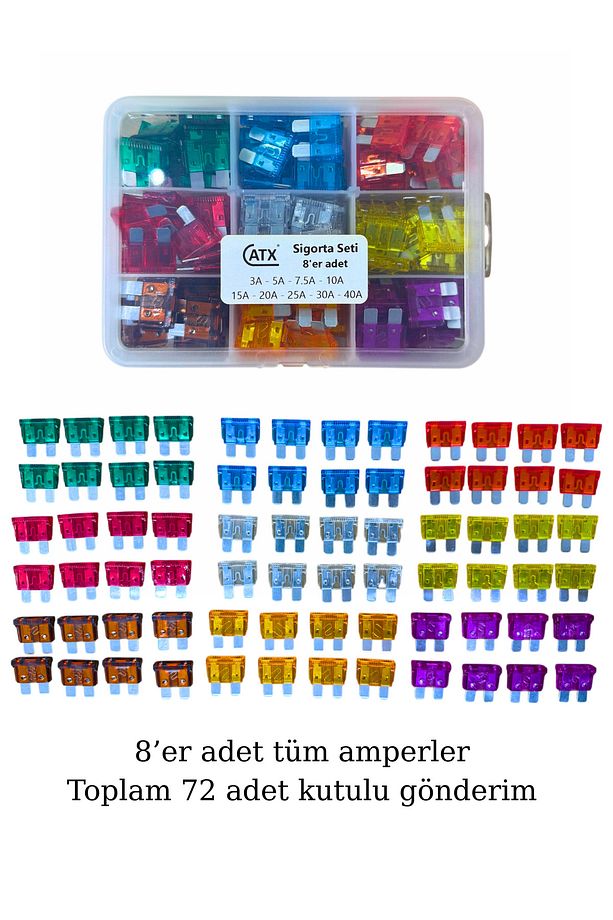 Oto Bıçak Sigorta Seti Bütün Amperler Kutulu 72 Adet ( 8’er Adet ) - 2